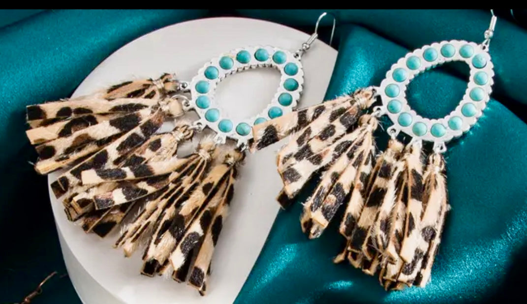 Faux Leather Leopard Print Tassel Turquoise Earrings