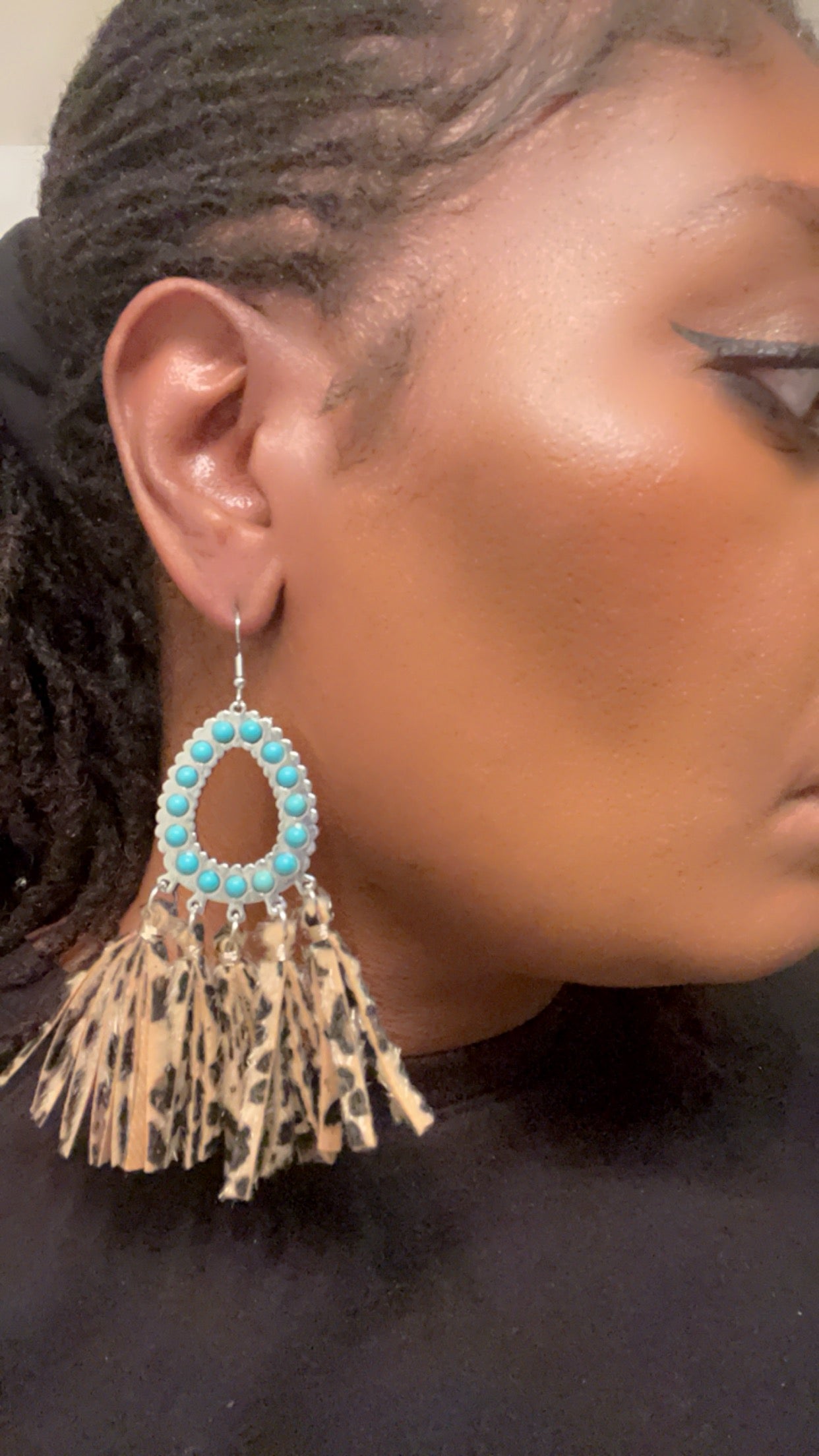 Faux Leather Leopard Print Tassel Turquoise Earrings