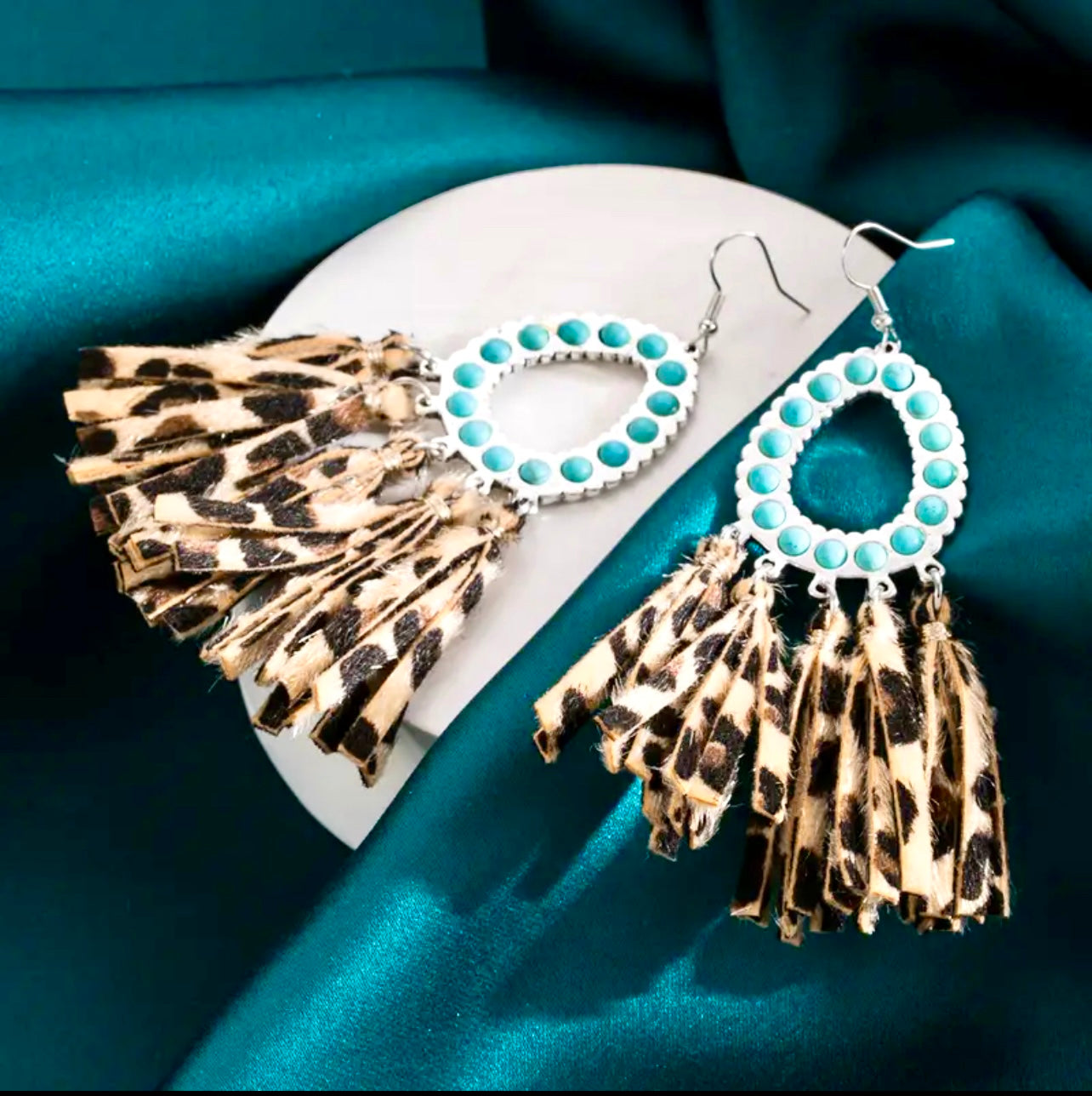 Faux Leather Leopard Print Tassel Turquoise Earrings